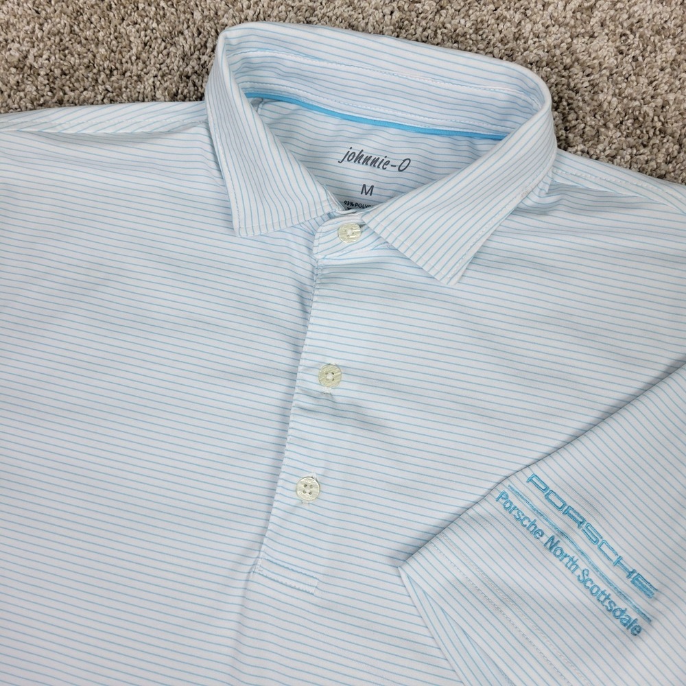 Johnnie O Mens Medium White Blue Striped Performance Stretch Golf Polo SS